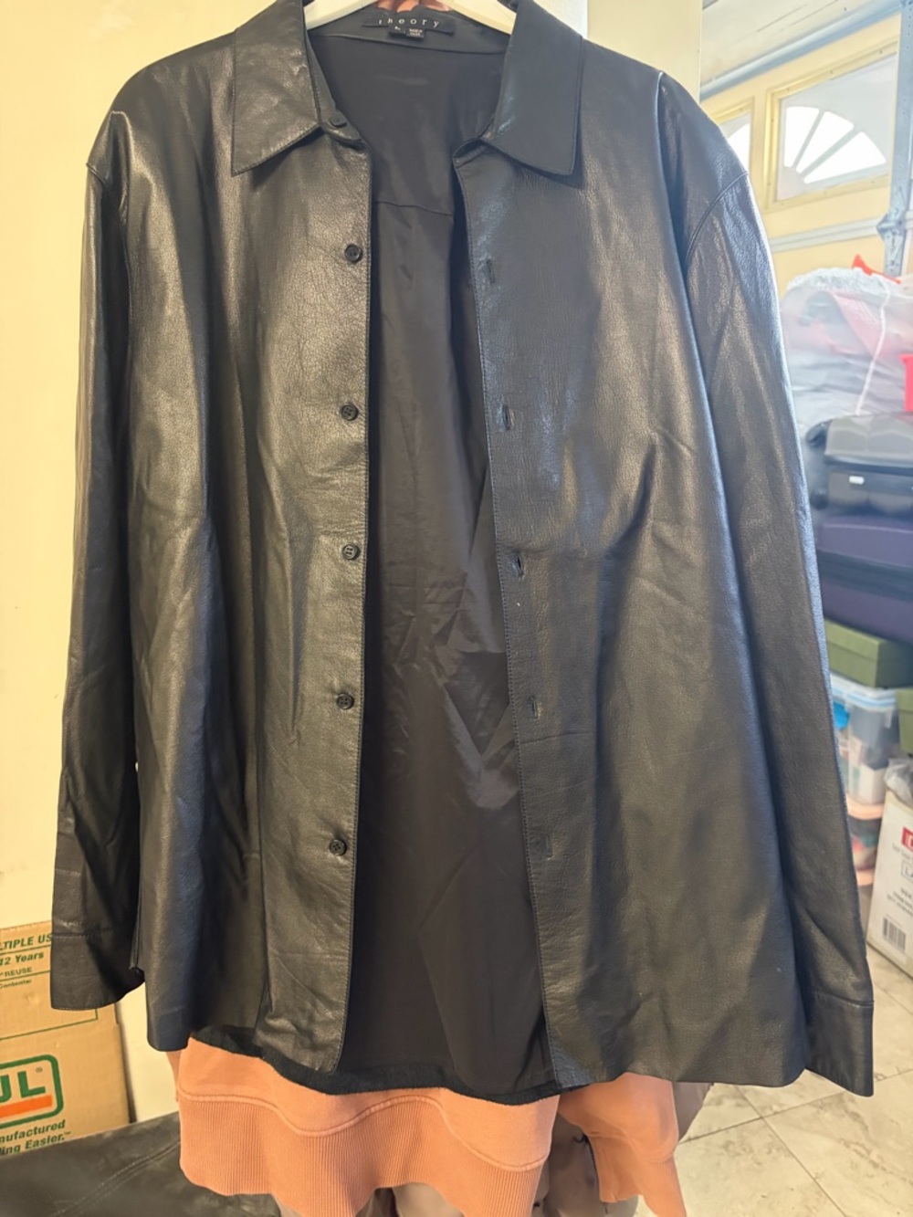 Theory Black Leather Button-Front Shirt Jacket - Picture 2 of 4